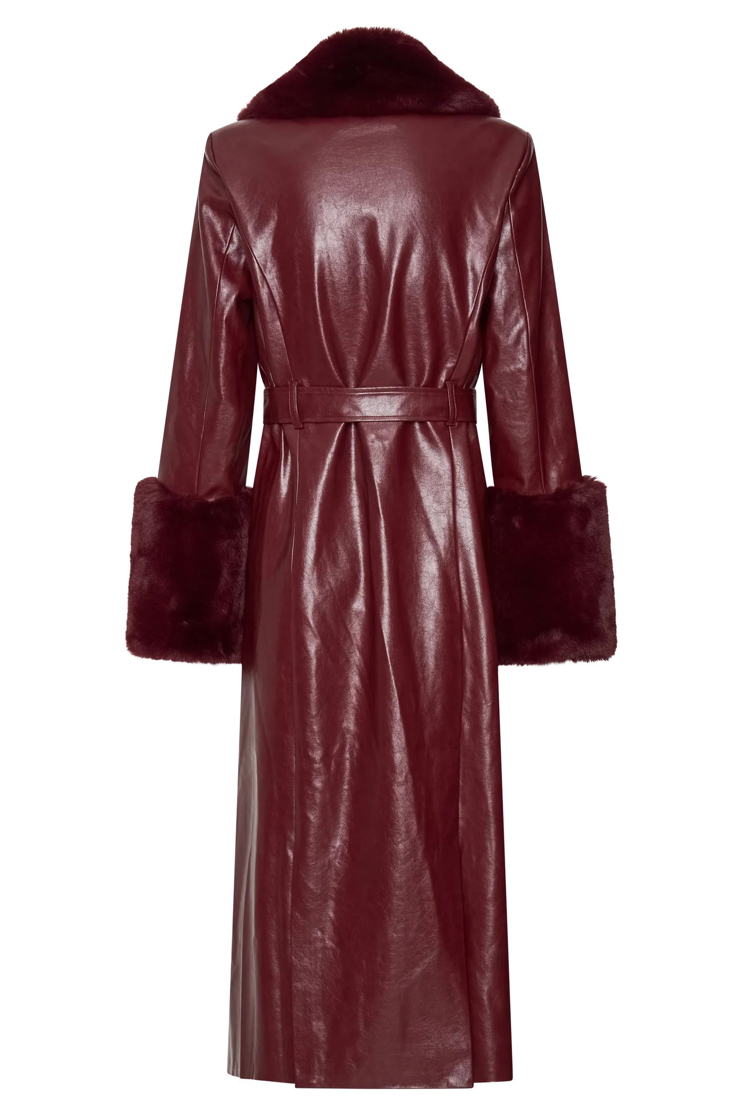 Bec Faux Leather Trench Coat With Faux Fur - Cherry Red