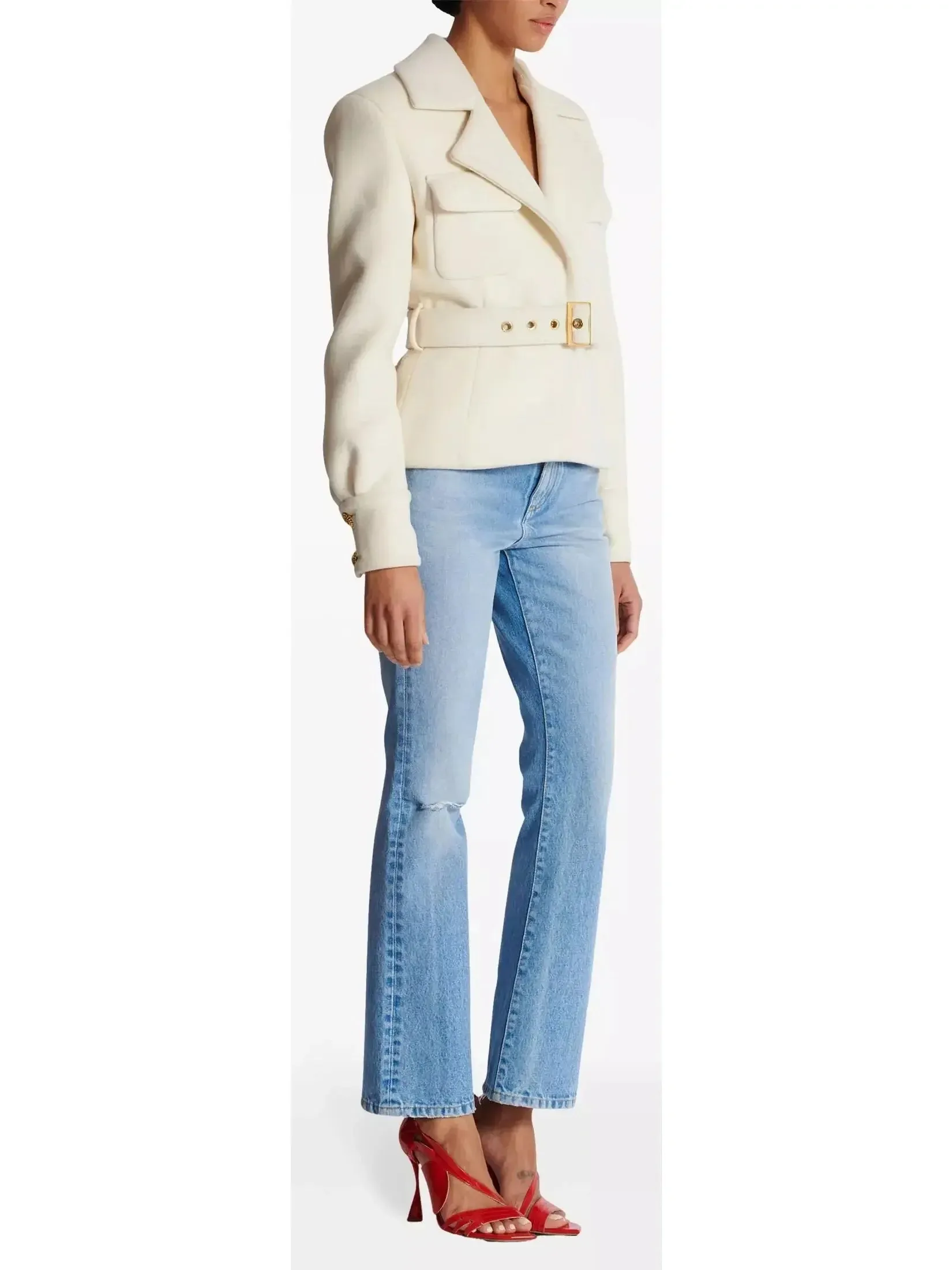 Belted Wool-Blend Jacket in White