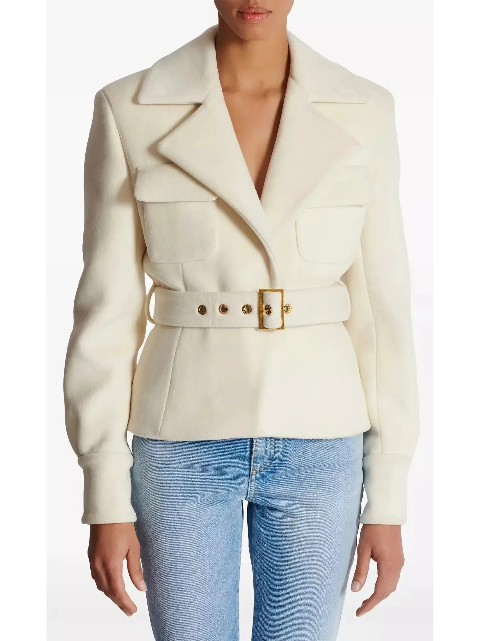 Belted Wool-Blend Jacket in White