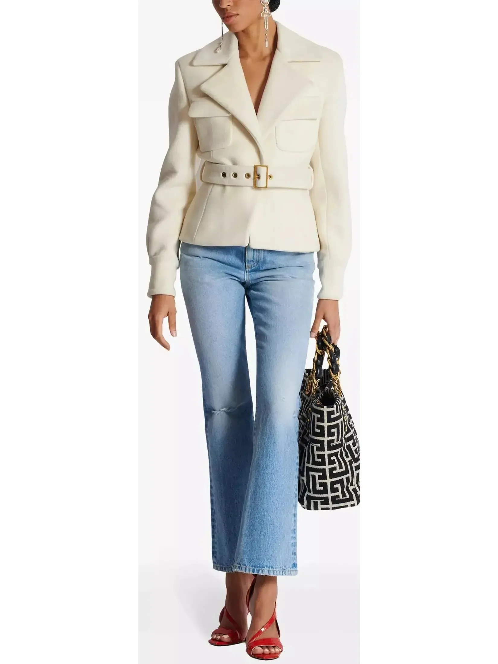 Belted Wool-Blend Jacket in White