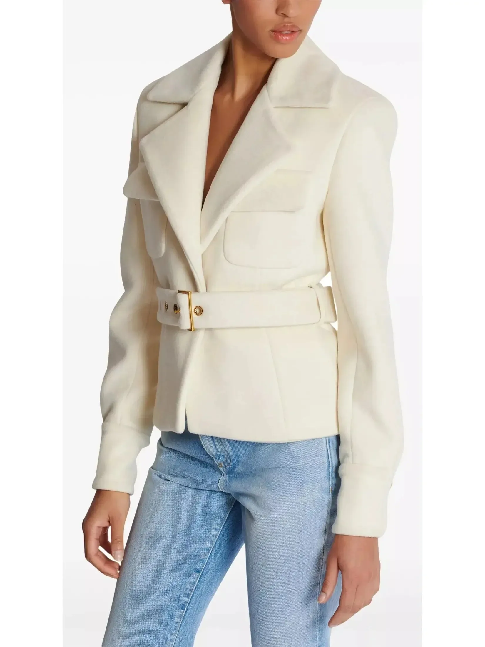 Belted Wool-Blend Jacket in White