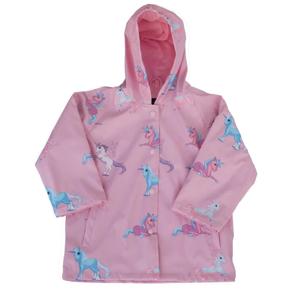 Big Girls Pink Blue Unicorn Print Hooded Lined Raincoat 8-10