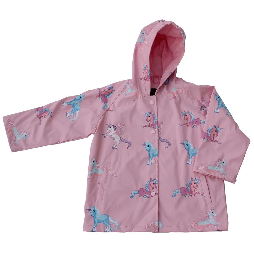 Big Girls Pink Blue Unicorn Print Hooded Lined Raincoat 8-10