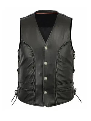 Black Lace Up Side Braided Leather Vest