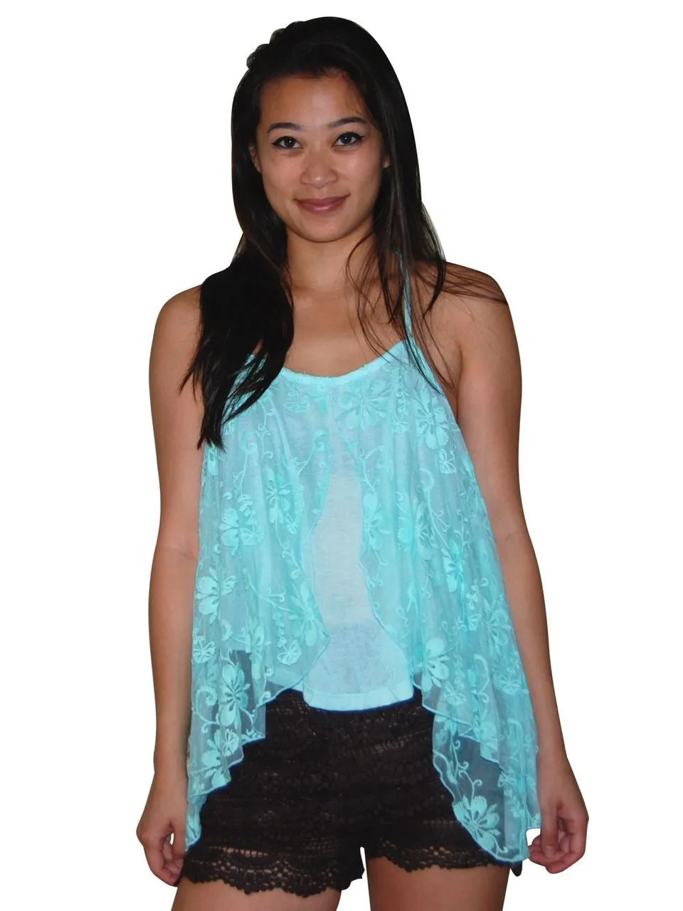 Blouses Sleeveless Top Lace Butterfly Blue