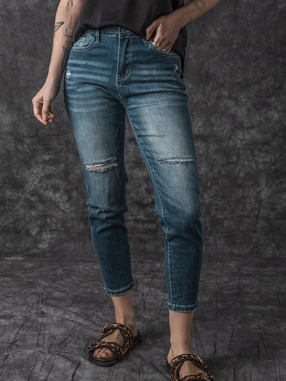 Blue Distressed Ripped Skinny Jeans - Fashionable Distressed Blue Skinny Jeans