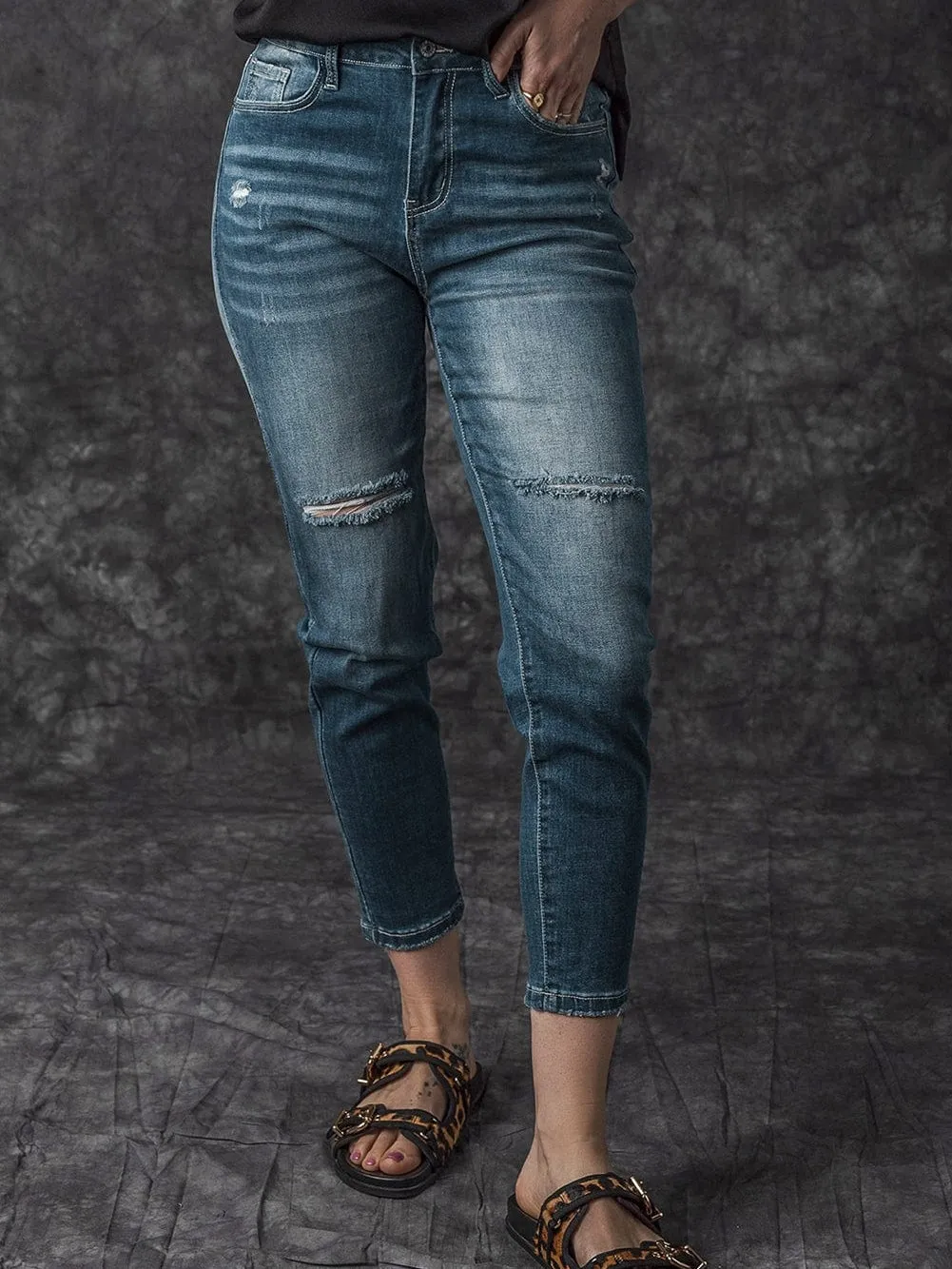 Blue Distressed Ripped Skinny Jeans - Fashionable Distressed Blue Skinny Jeans