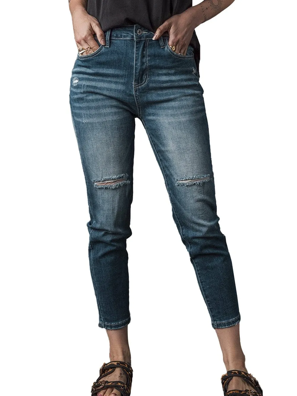 Blue Distressed Ripped Skinny Jeans - Fashionable Distressed Blue Skinny Jeans