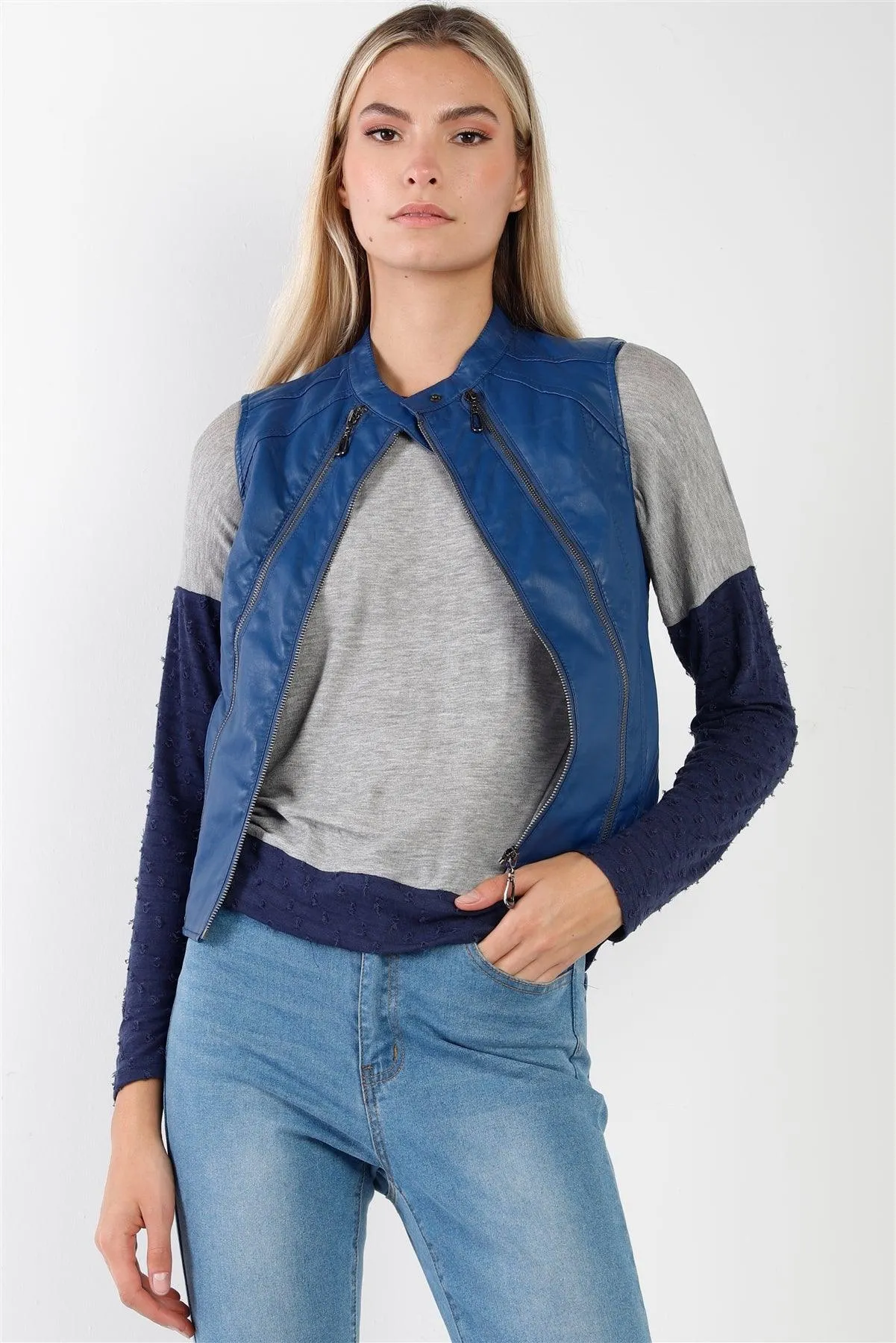 Blue Vegan Leather Faux Fur Lining Triple Zip-Up Detail Moto Vest /2-2-2