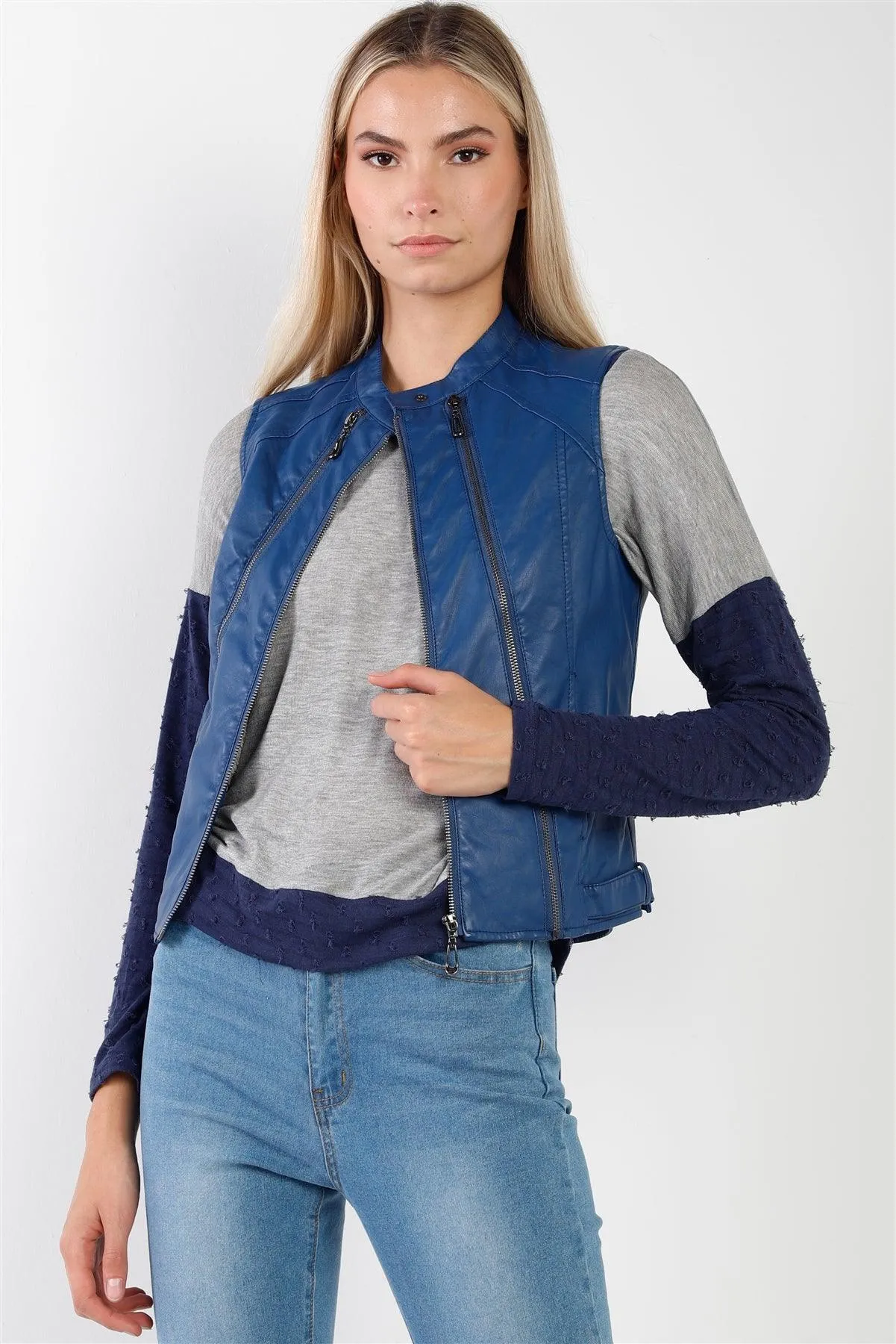 Blue Vegan Leather Faux Fur Lining Triple Zip-Up Detail Moto Vest /2-2-2