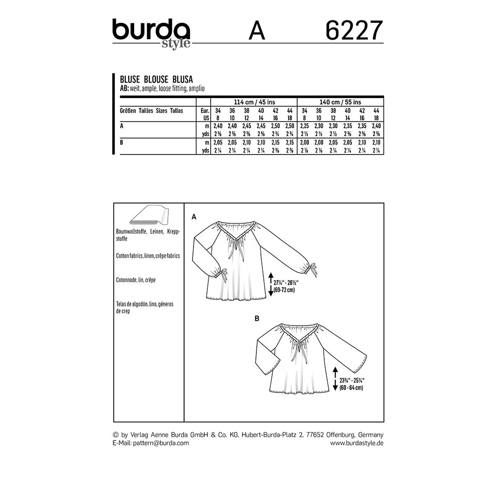 BURDA - 6227 Carmen Blouse avec Drawstring Neckline