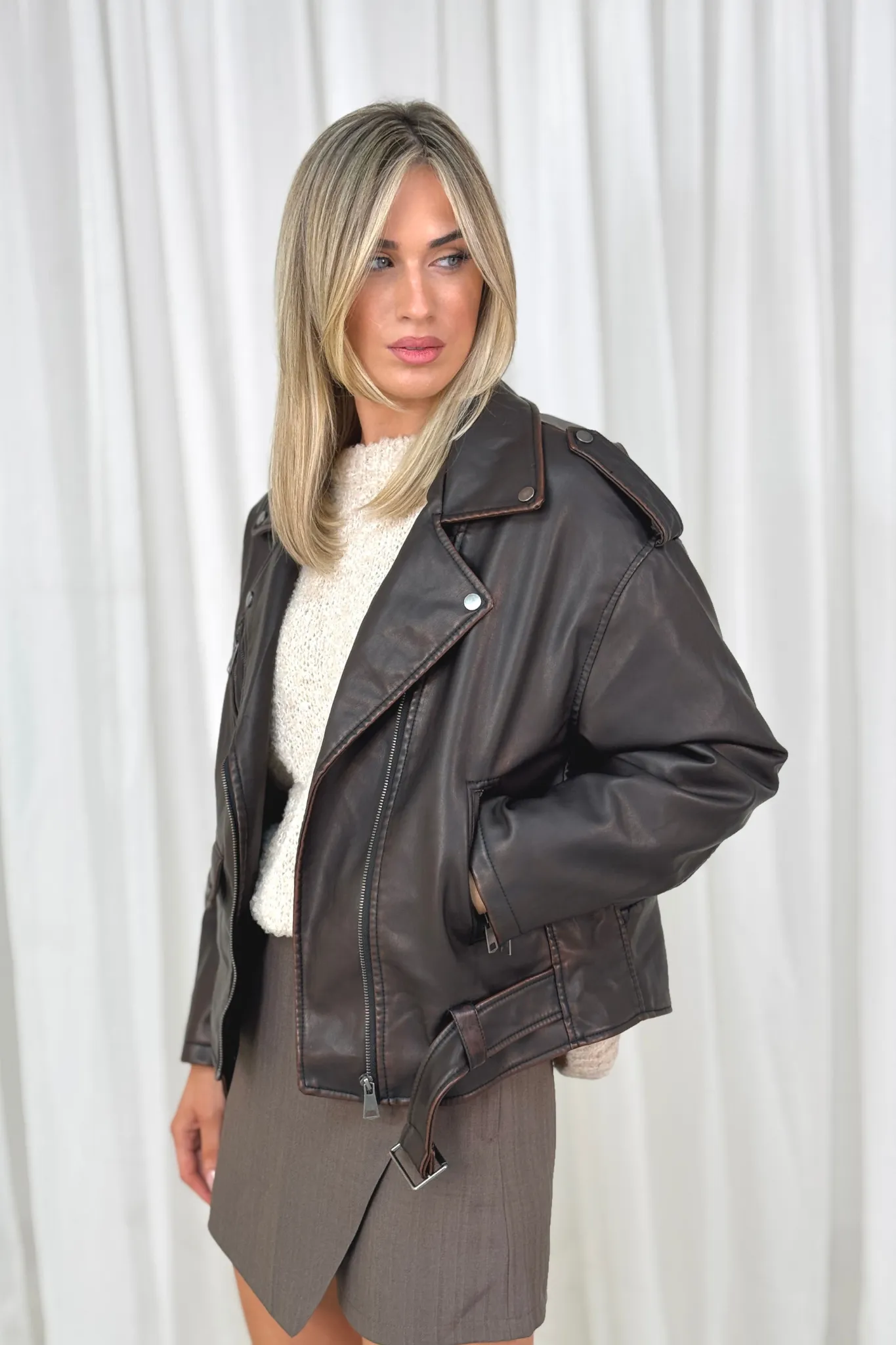 Caitlyn Oversize Faux Leather Jacket In Brown