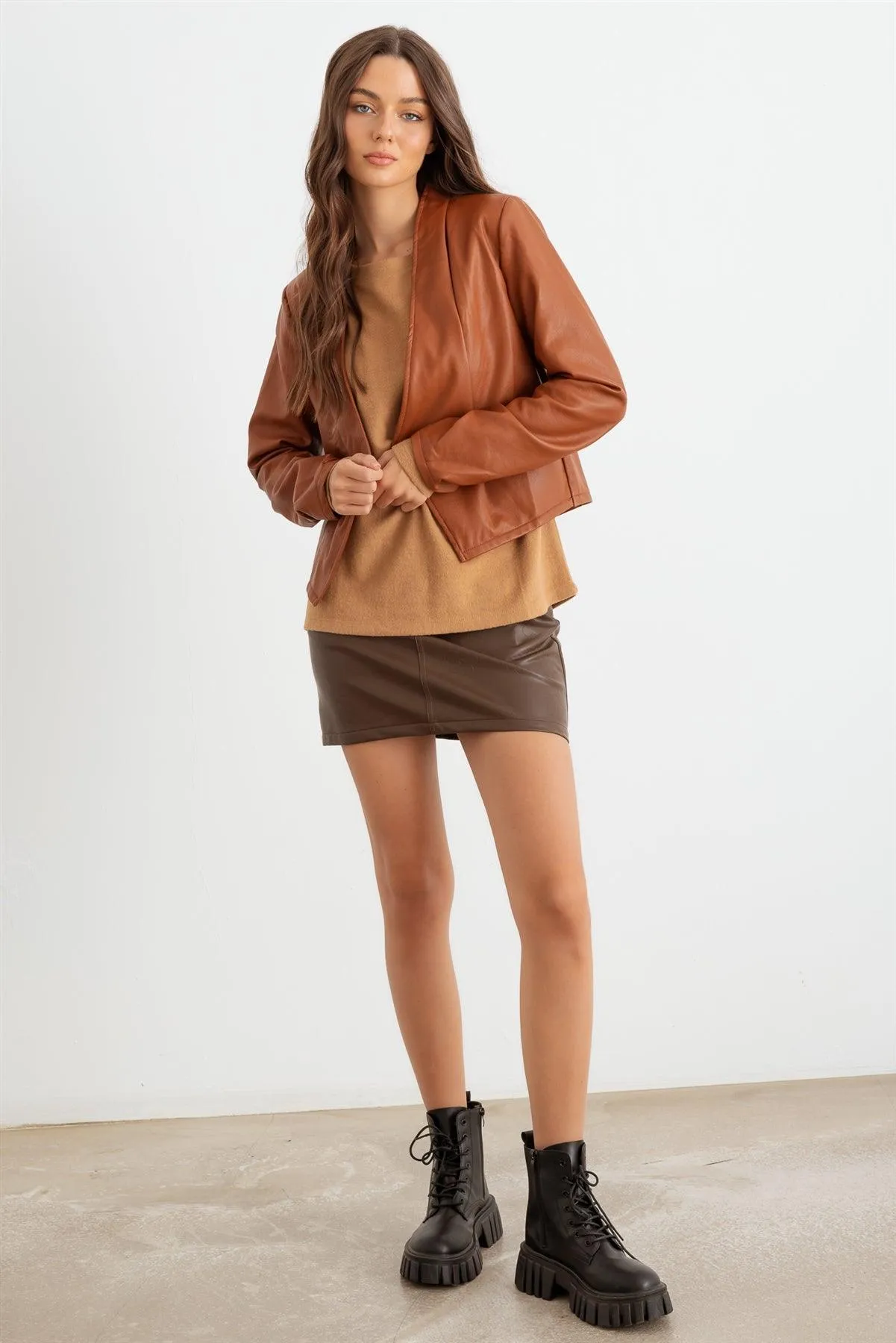 Caramel Faux Leather Ruched Long Sleeve Open Front Jacket /2-2-2