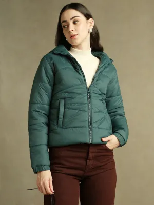 DL Woman Dark Green Hooded Full Sleeves Puffer Jacket