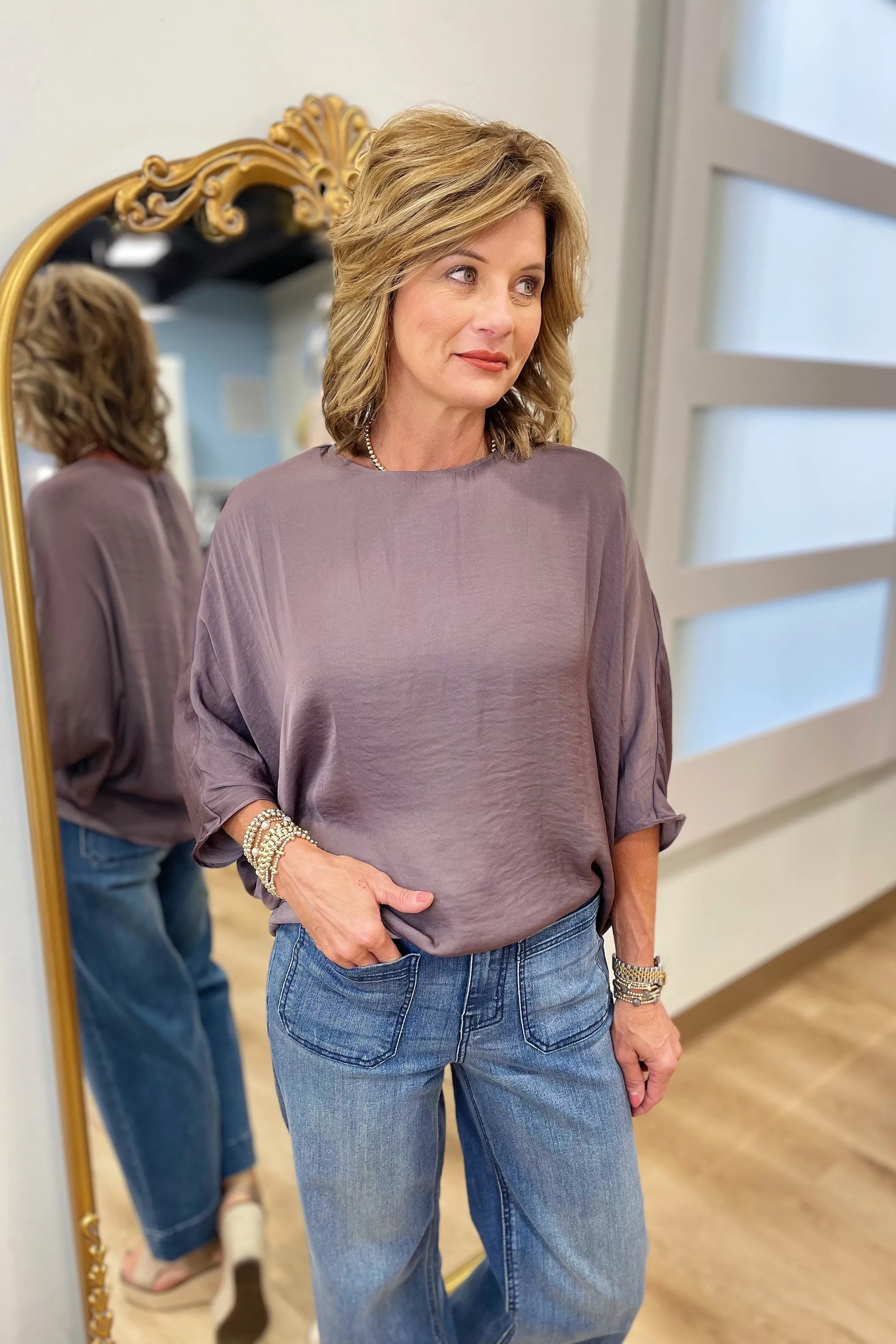 Easy Going 3/4 Sleeve Batwing Blouse Taro