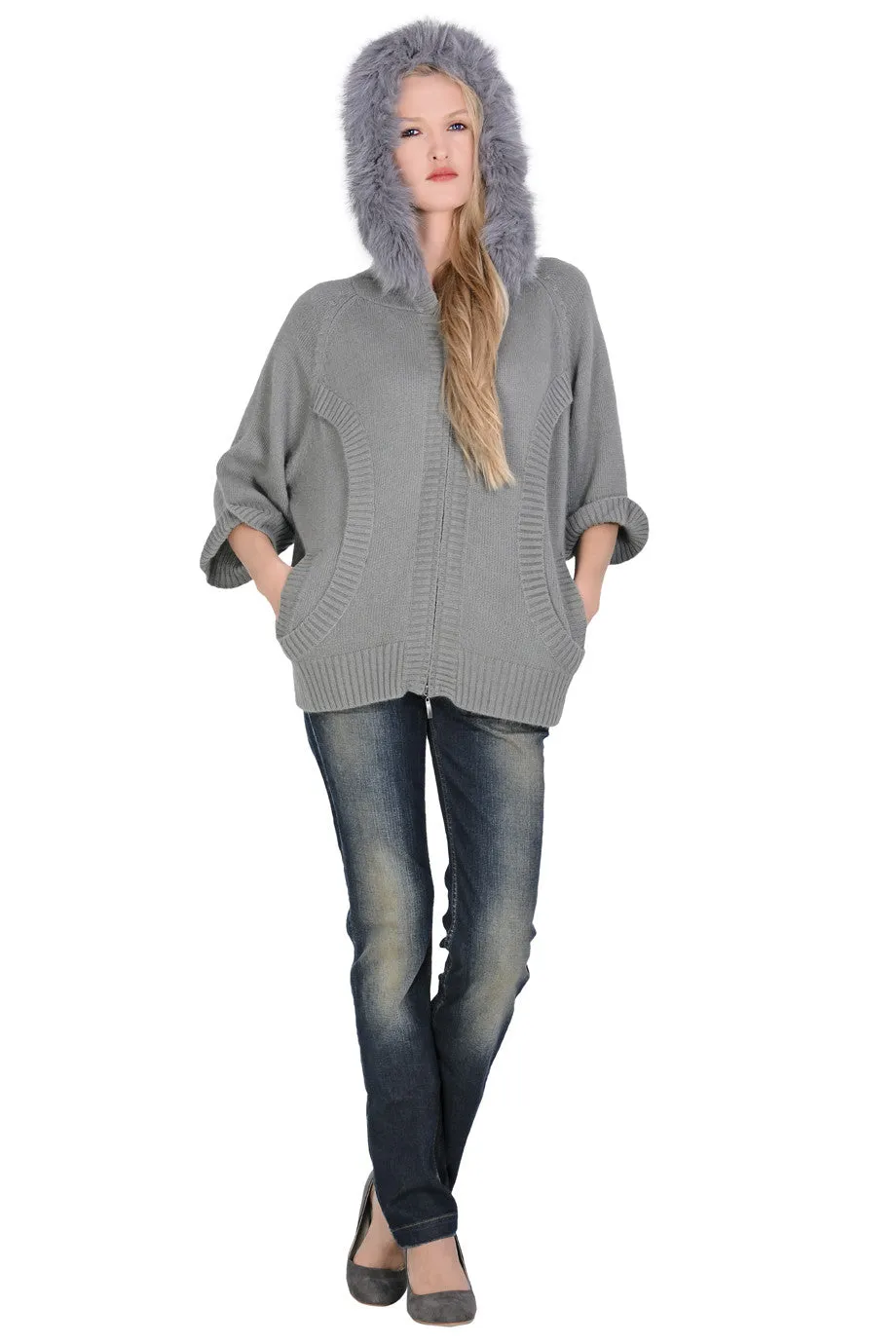 FELICIA Grey Fur Hooded Cardigan