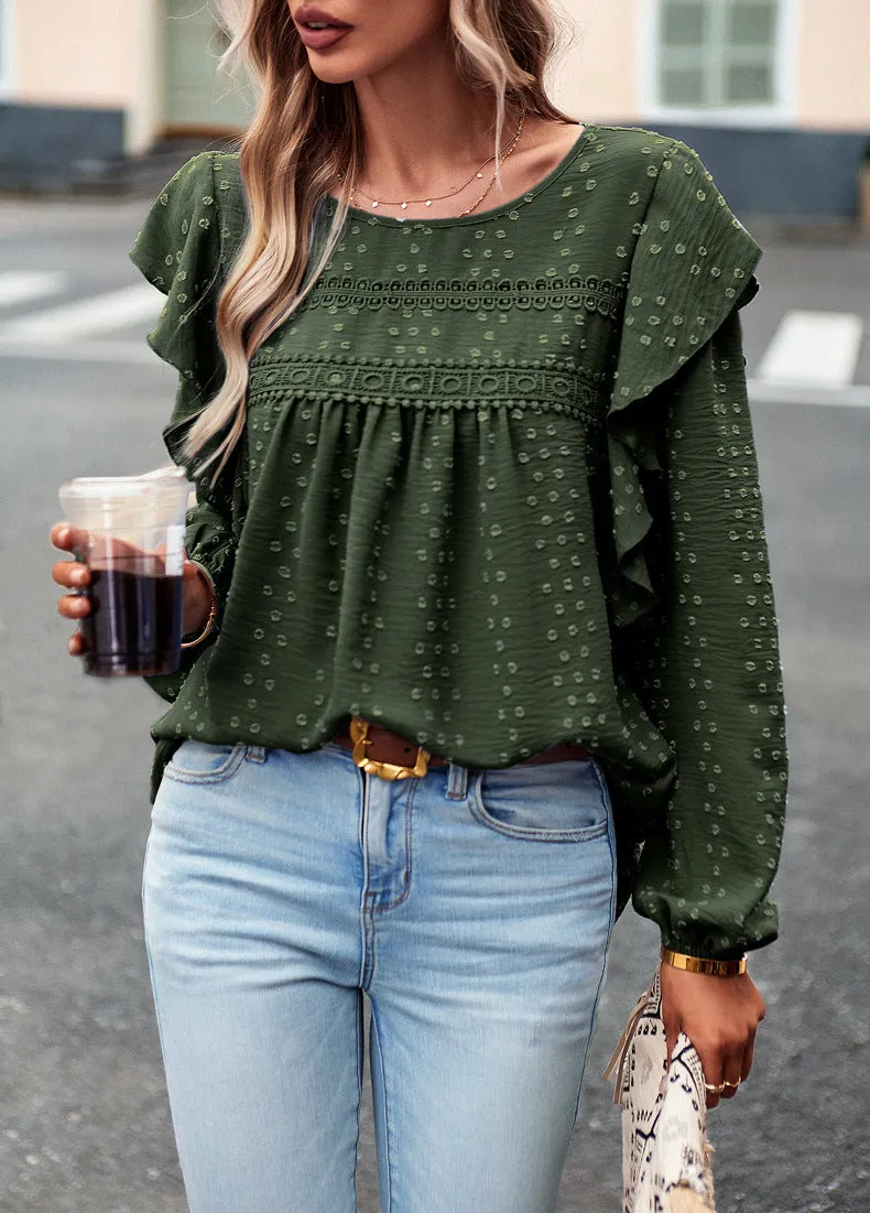 Green Long Sleeve Blouses Ruffle Dot Loose Fit Casual Tops