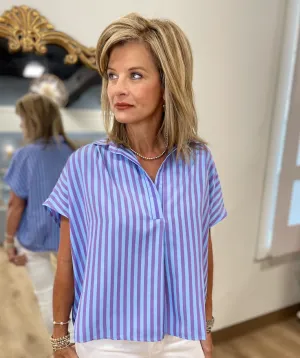 Karlie Stripe Poplin V Neck Top Blue