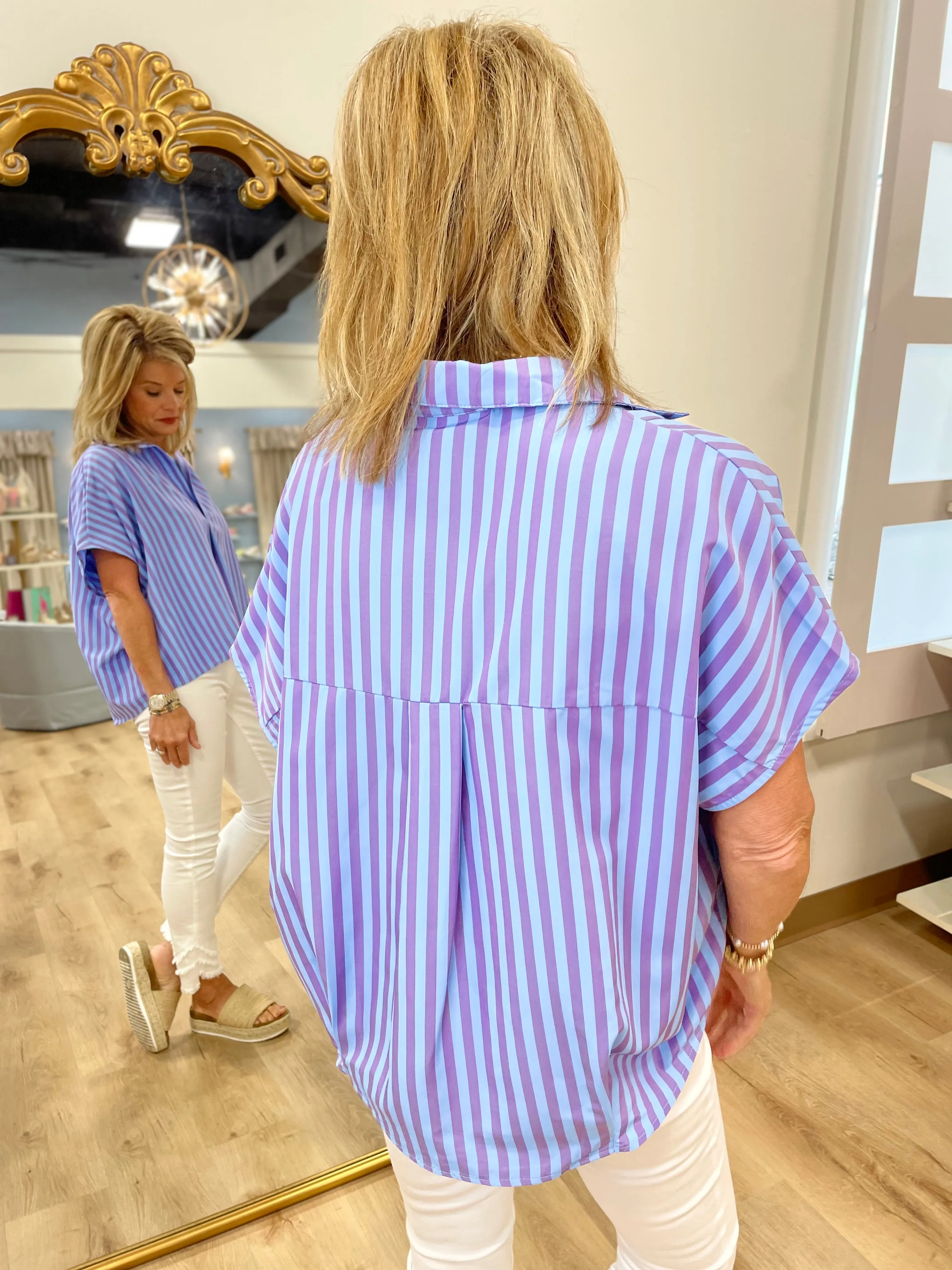 Karlie Stripe Poplin V Neck Top Blue