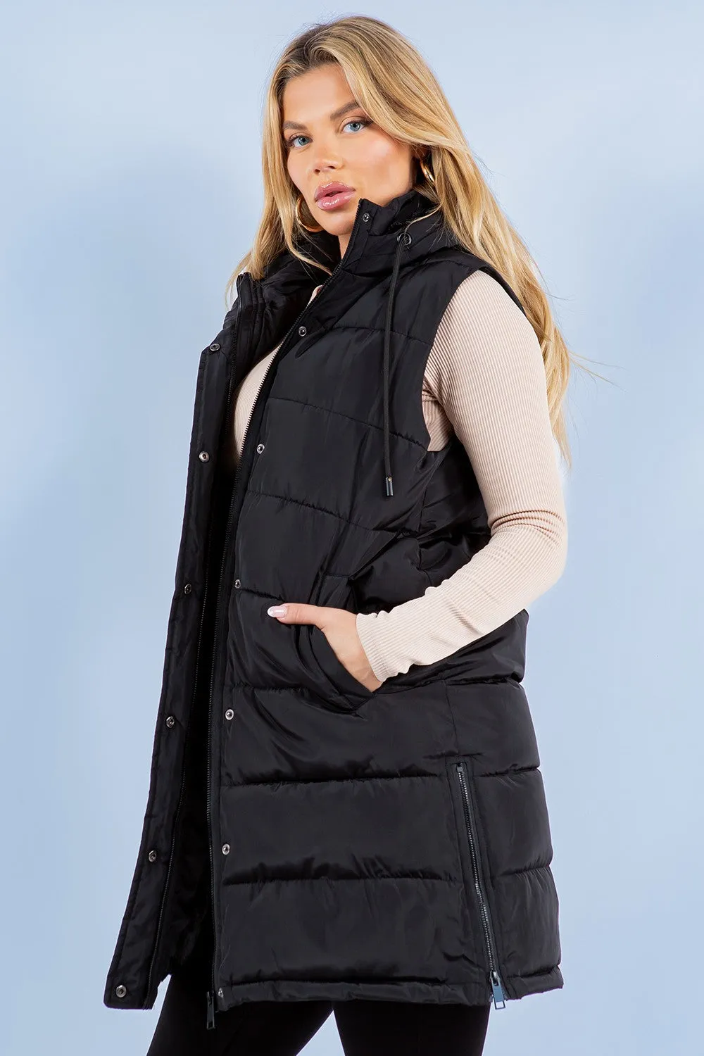 Long Black Puffer Vest w/ Hood