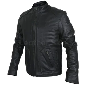 Men Black Motorcycle Genuine Leather Jacket with Shoulder Pads