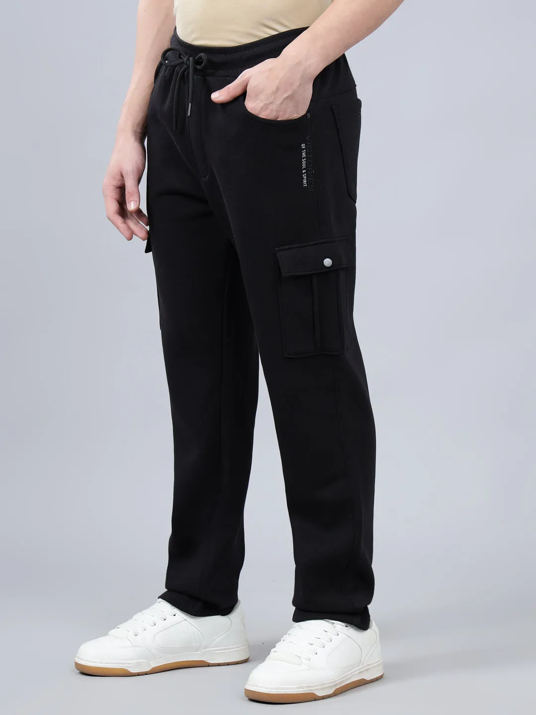 Men's Black Solid Full Length Winter Cargo Pant