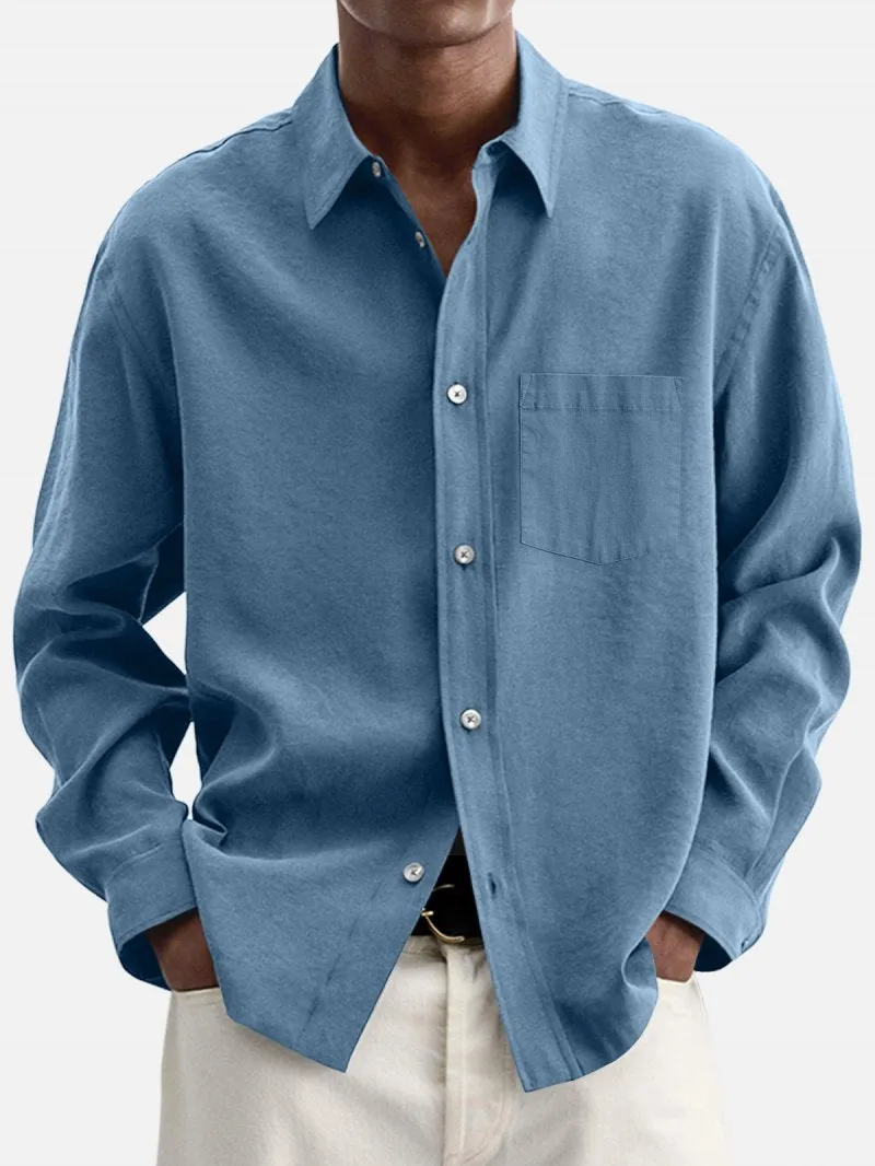 Men's Casual Cotton Blend Lapel Loose Long Sleeve Shirt 14747103M