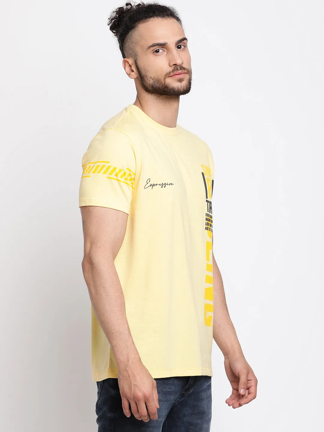 Men's Light  Yellow Round neck Half Sleeve T-Shirt with Print