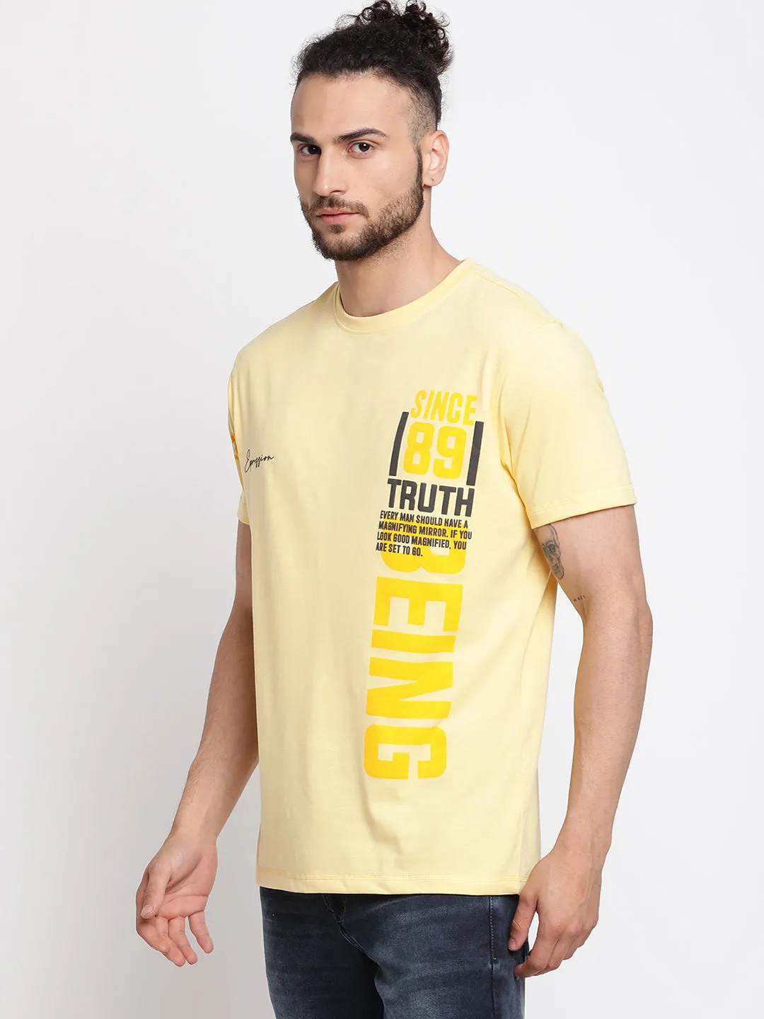 Men's Light  Yellow Round neck Half Sleeve T-Shirt with Print