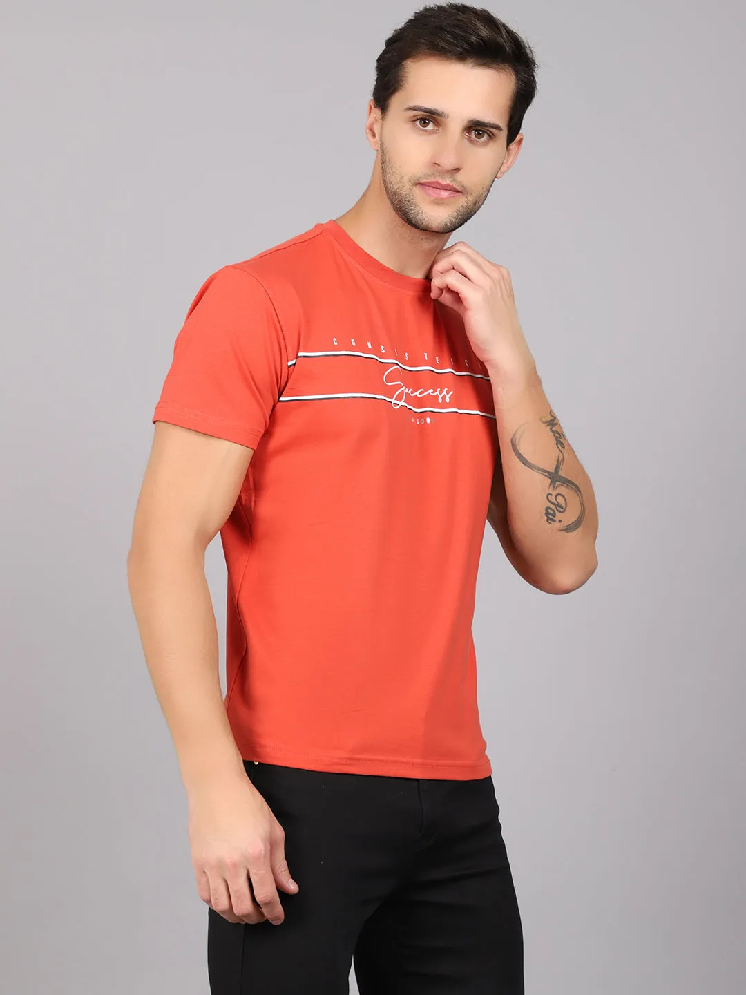 Men's Rust  Round neck Half Sleeve T-Shirt with Typographic print