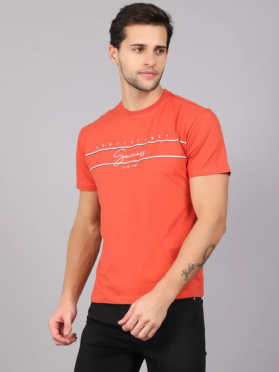 Men's Rust  Round neck Half Sleeve T-Shirt with Typographic print