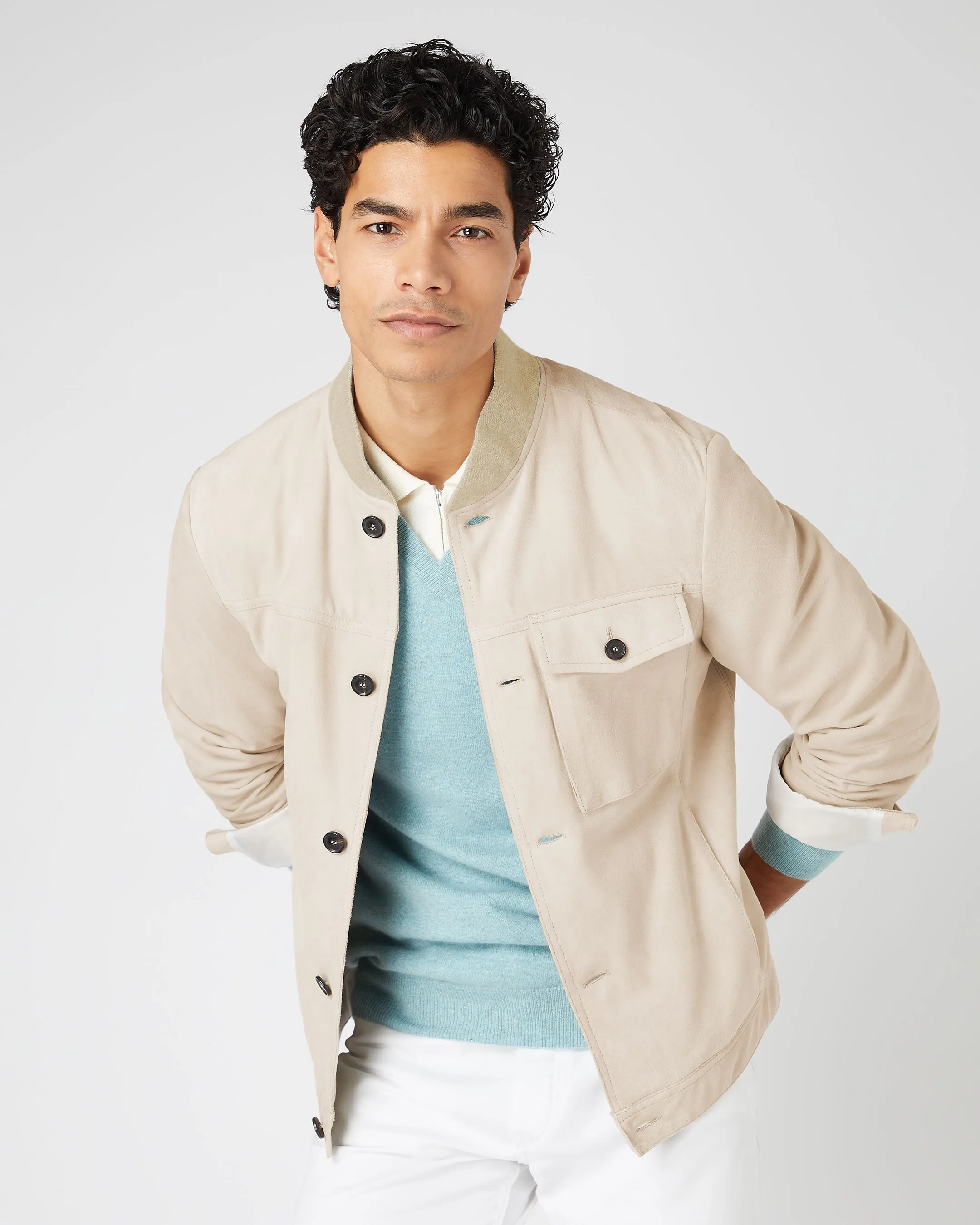 Men's Suede Bomber Jacket Beige Brown