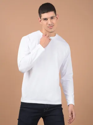 Men's White Self Design Full Sleeves Round Neck T-shirt For Winter