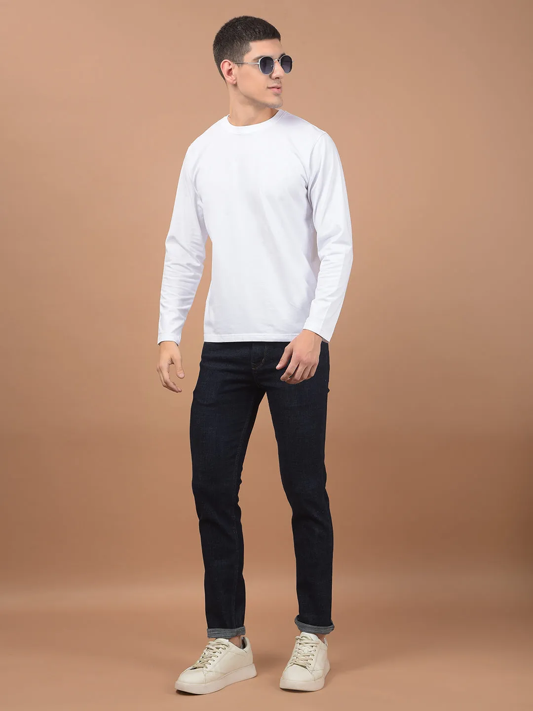 Men's White Self Design Full Sleeves Round Neck T-shirt For Winter