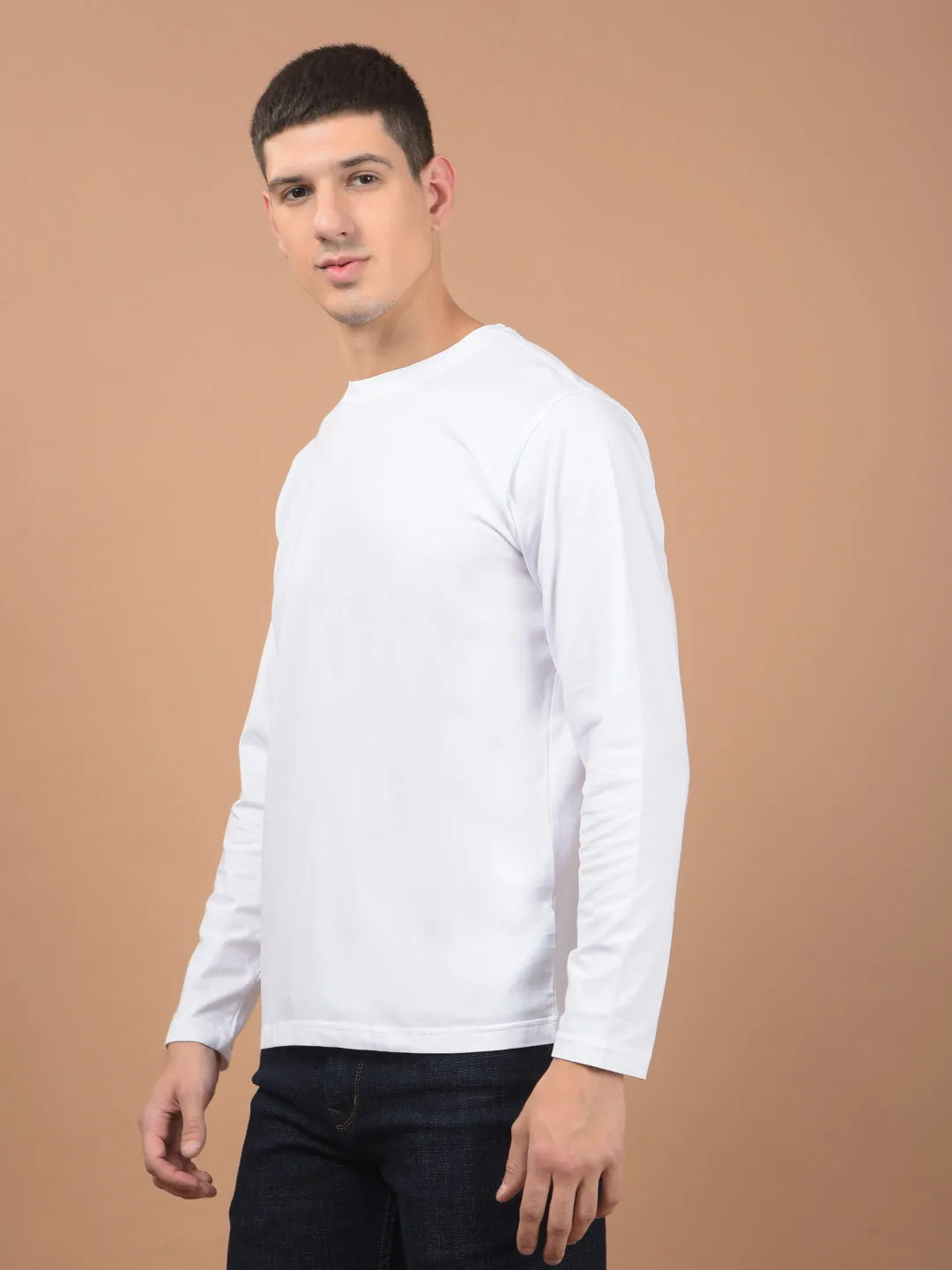 Men's White Self Design Full Sleeves Round Neck T-shirt For Winter