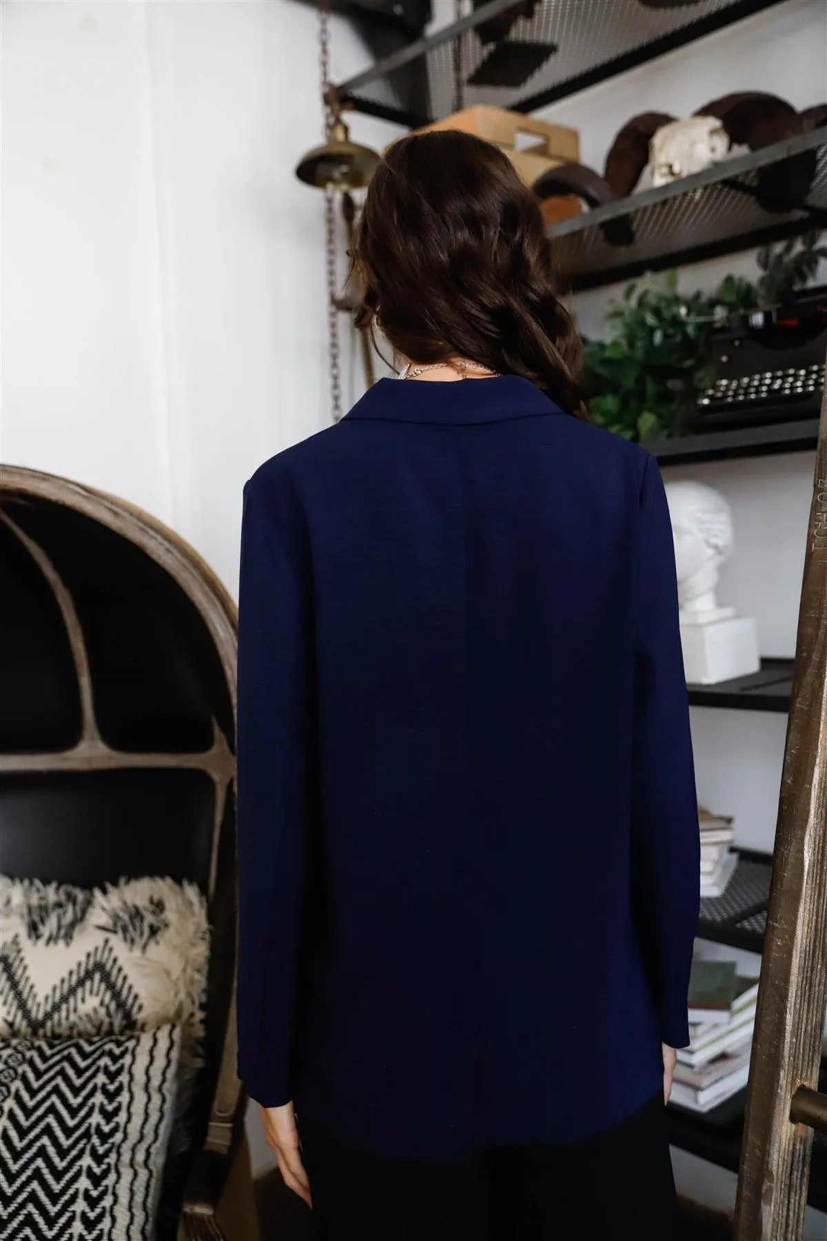 Navy Relaxed Double-Breasted Long Sleeve Blazer /1-2-2