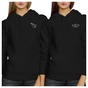 Origami Plane And Boat BFF Matching Black Hoodies