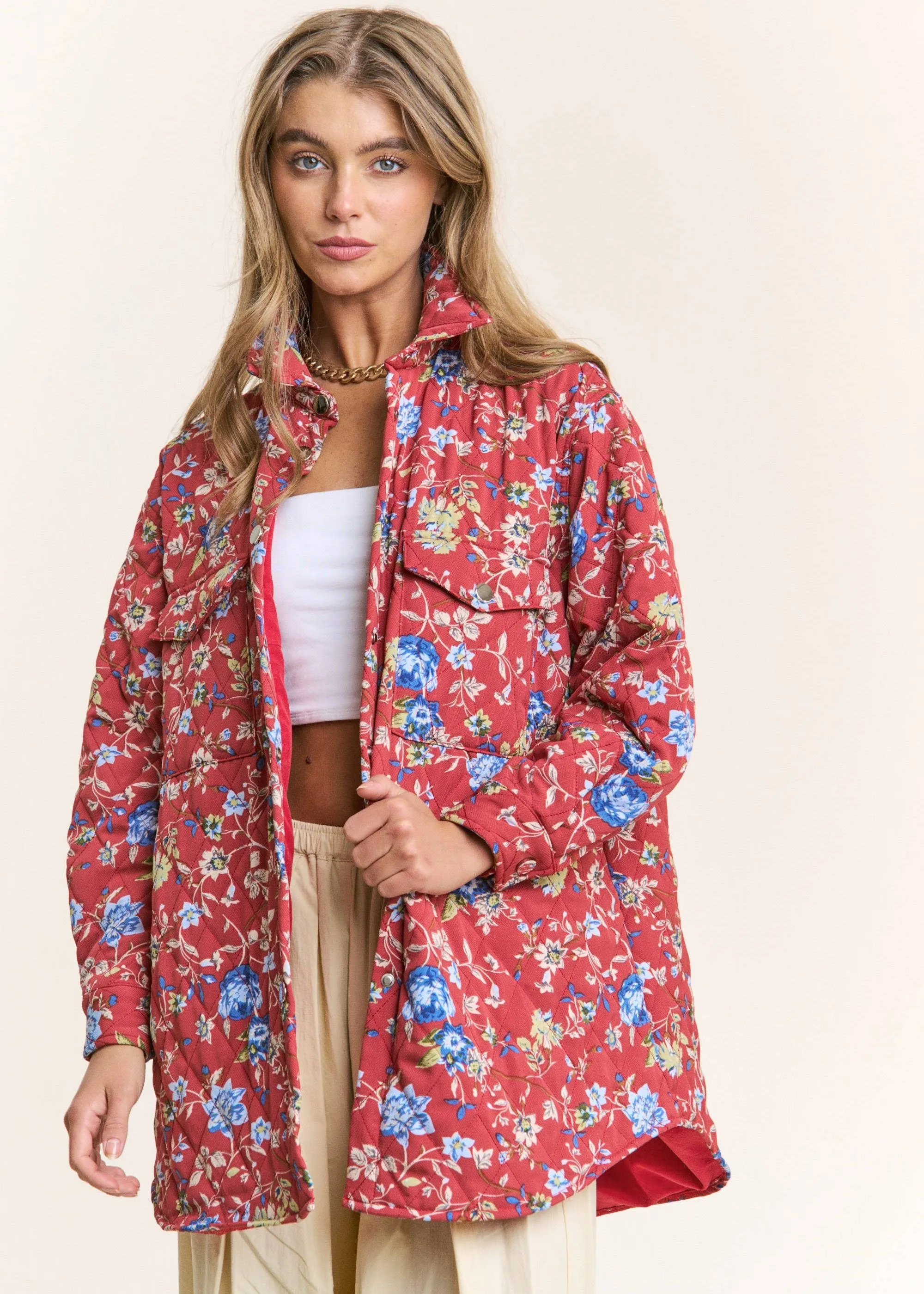 Oversized Floral Quilted Oversize Button Down Jacket