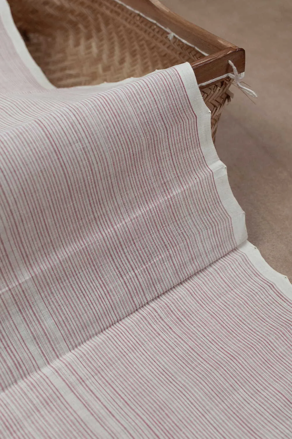 Pink Stripe on Cream Mangalagiri Cotton Fabric