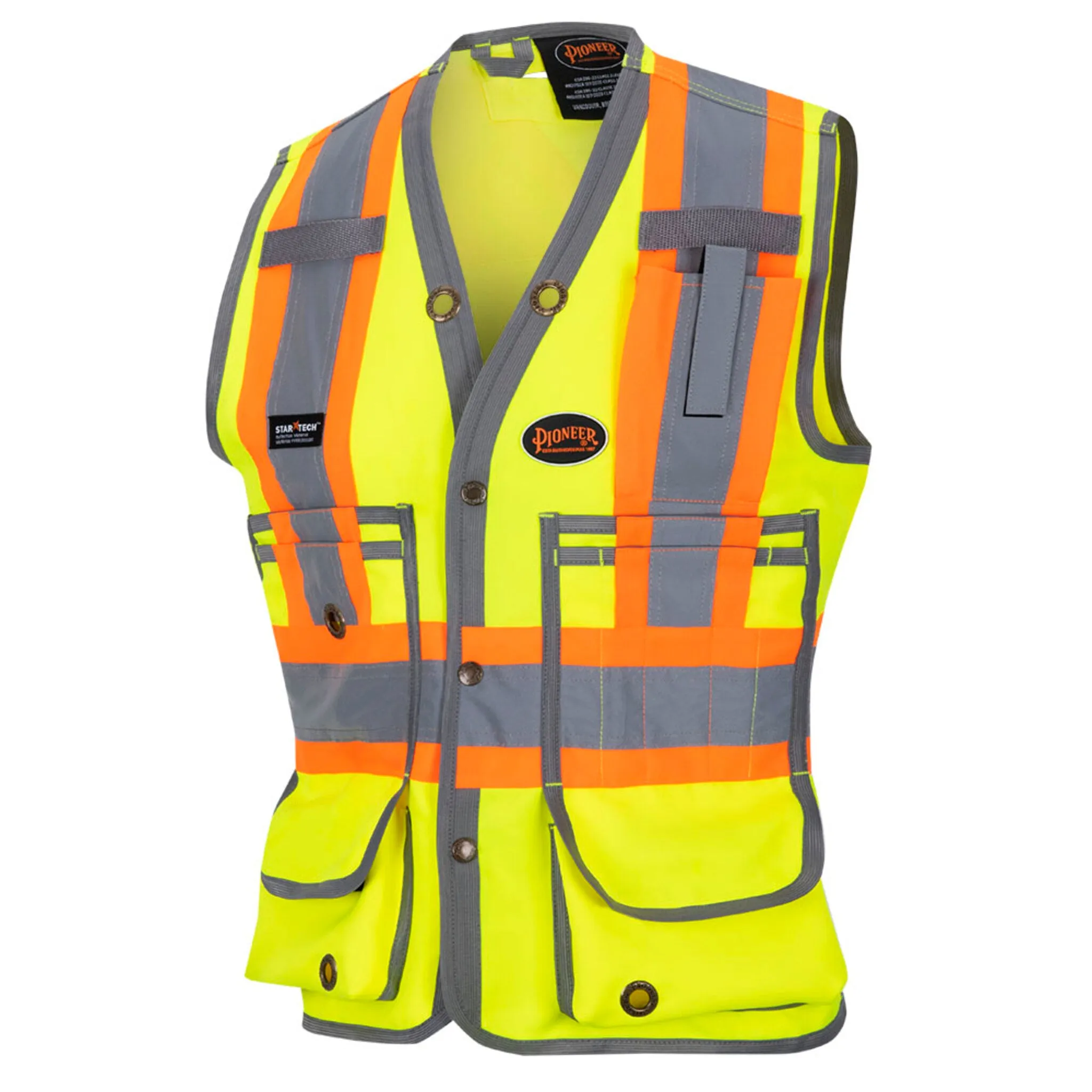 Pioneer Women's Hi Vis Surveyor Safety Vest, 150D Poly Twill, Snap Front, Reflective Tape, Multiple Pockets – Durable, Comfortable Workwear | Sizes XS-4XL