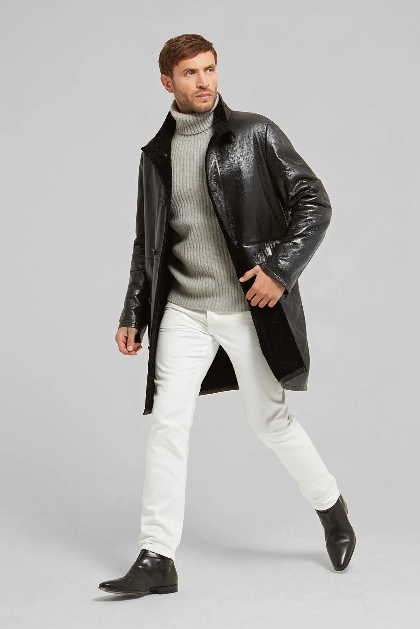 Polished Leather and Shearling Coat