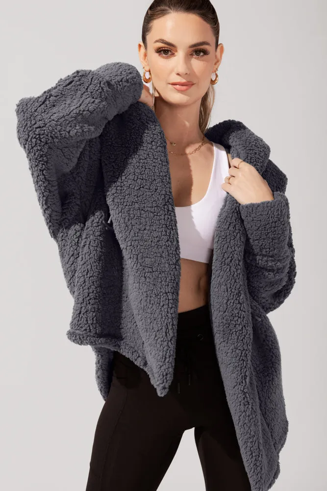 POPFLEX® Faux Sherpa Cocoon Coat - Cool Grey