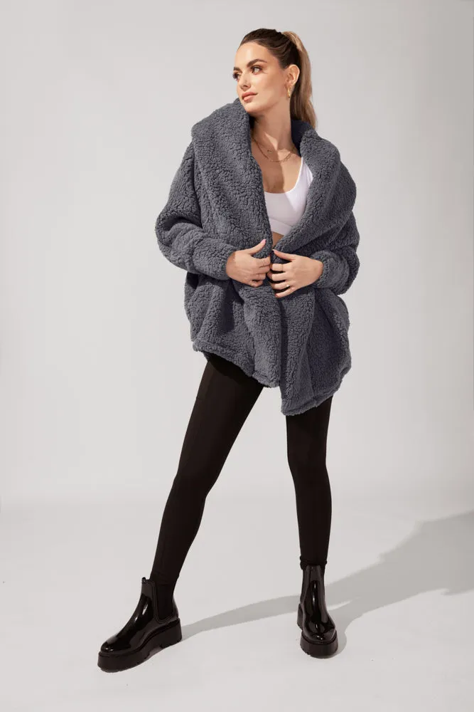 POPFLEX® Faux Sherpa Cocoon Coat - Cool Grey