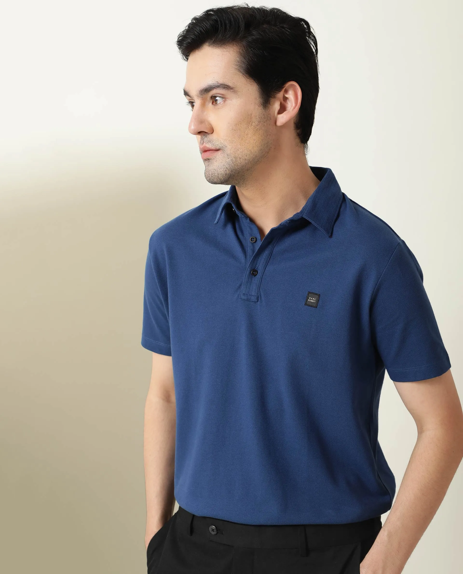 Rare Rabbit Men's Cairo Blue Cotton Fabric Collared Neck Half Sleeves Button Closure Slim Fit Polo T-Shirt