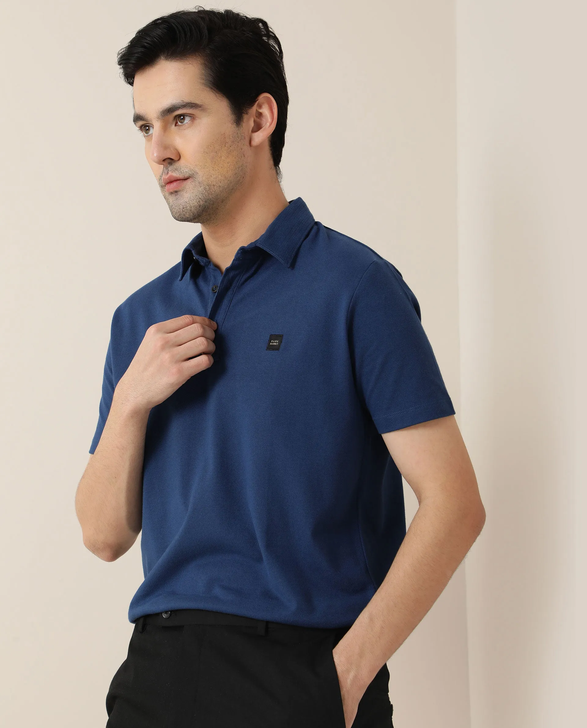 Rare Rabbit Men's Cairo Blue Cotton Fabric Collared Neck Half Sleeves Button Closure Slim Fit Polo T-Shirt