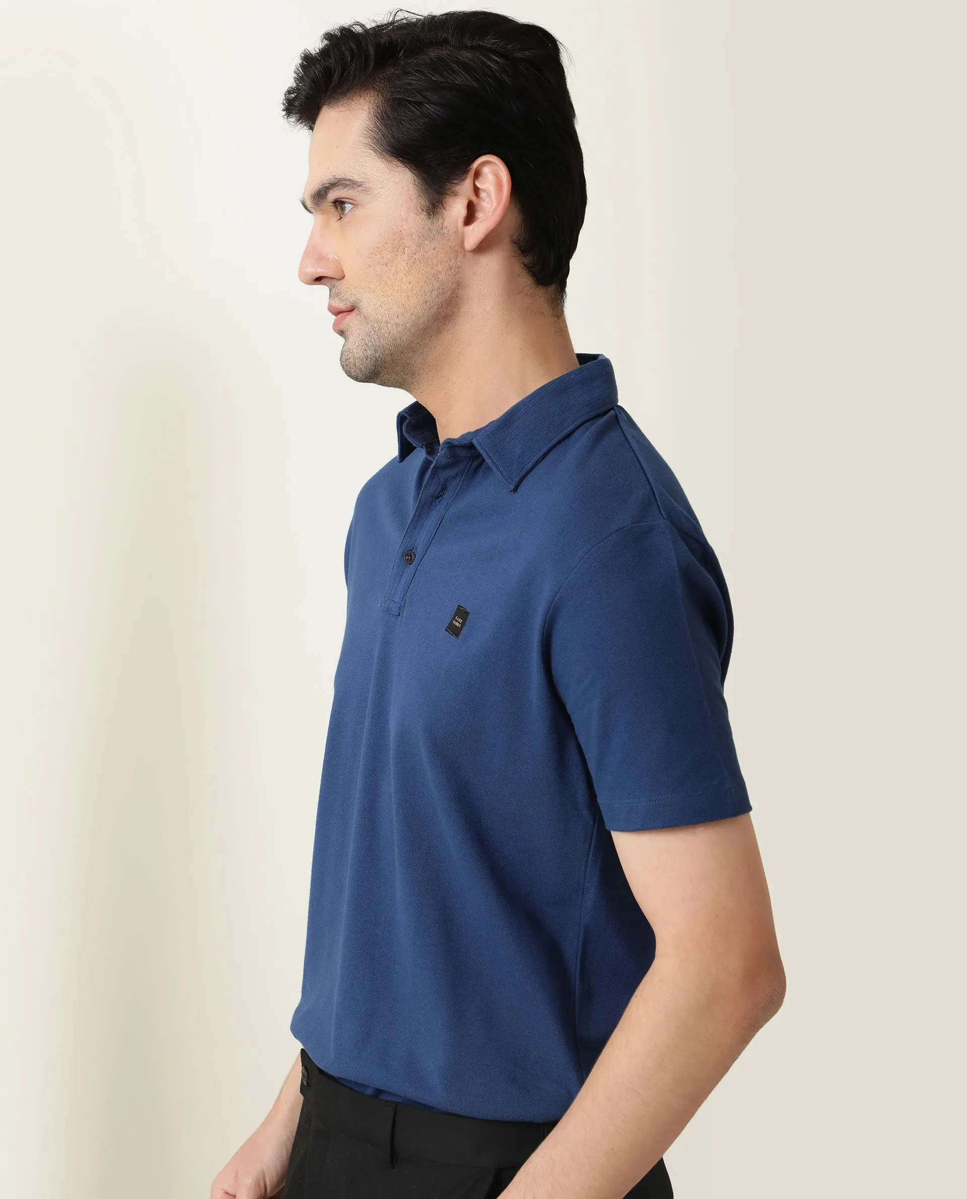 Rare Rabbit Men's Cairo Blue Cotton Fabric Collared Neck Half Sleeves Button Closure Slim Fit Polo T-Shirt