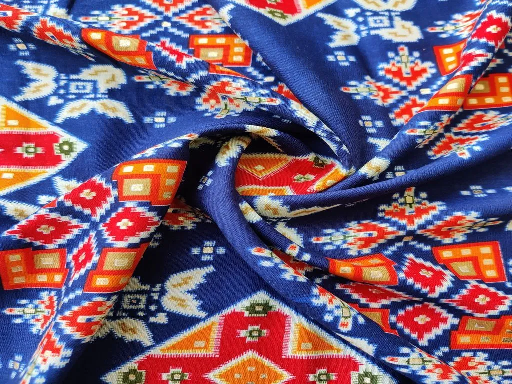 Royal Blue Multicolour Geometric Golden Foil Printed Rayon Fabric