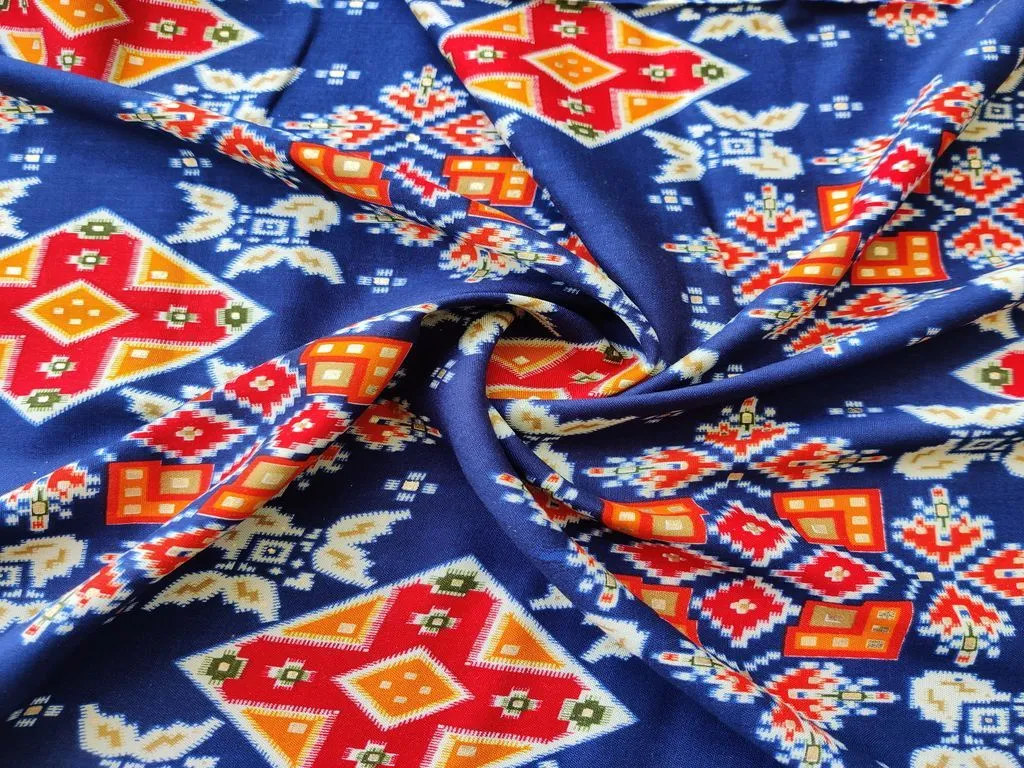 Royal Blue Multicolour Geometric Golden Foil Printed Rayon Fabric