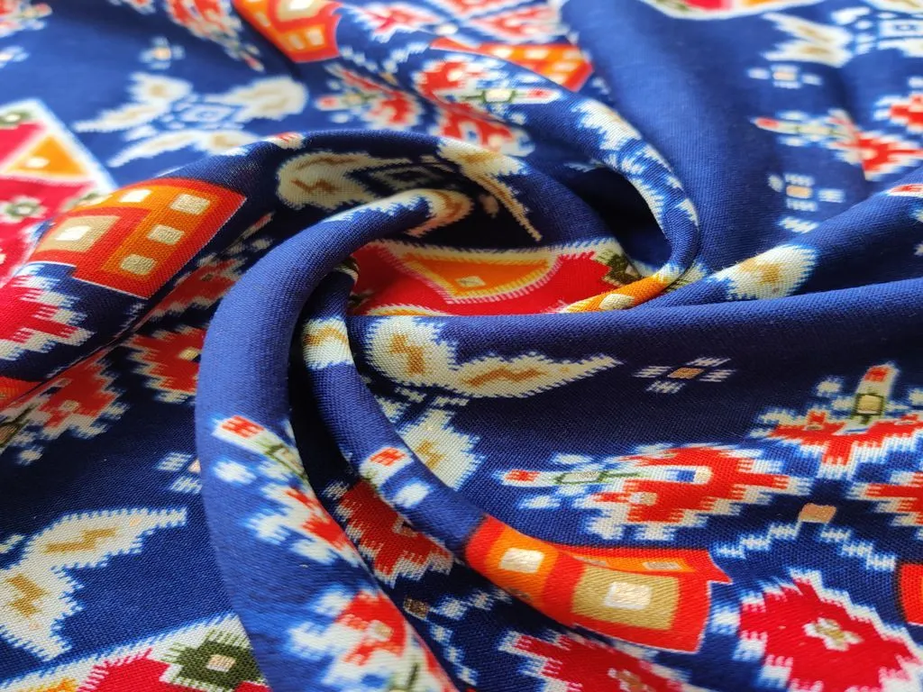 Royal Blue Multicolour Geometric Golden Foil Printed Rayon Fabric