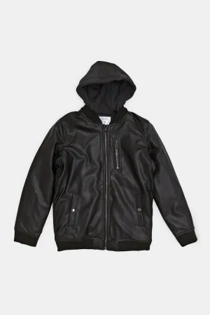 Senior Boys Black Zip Thru Hooded Pu Jacket